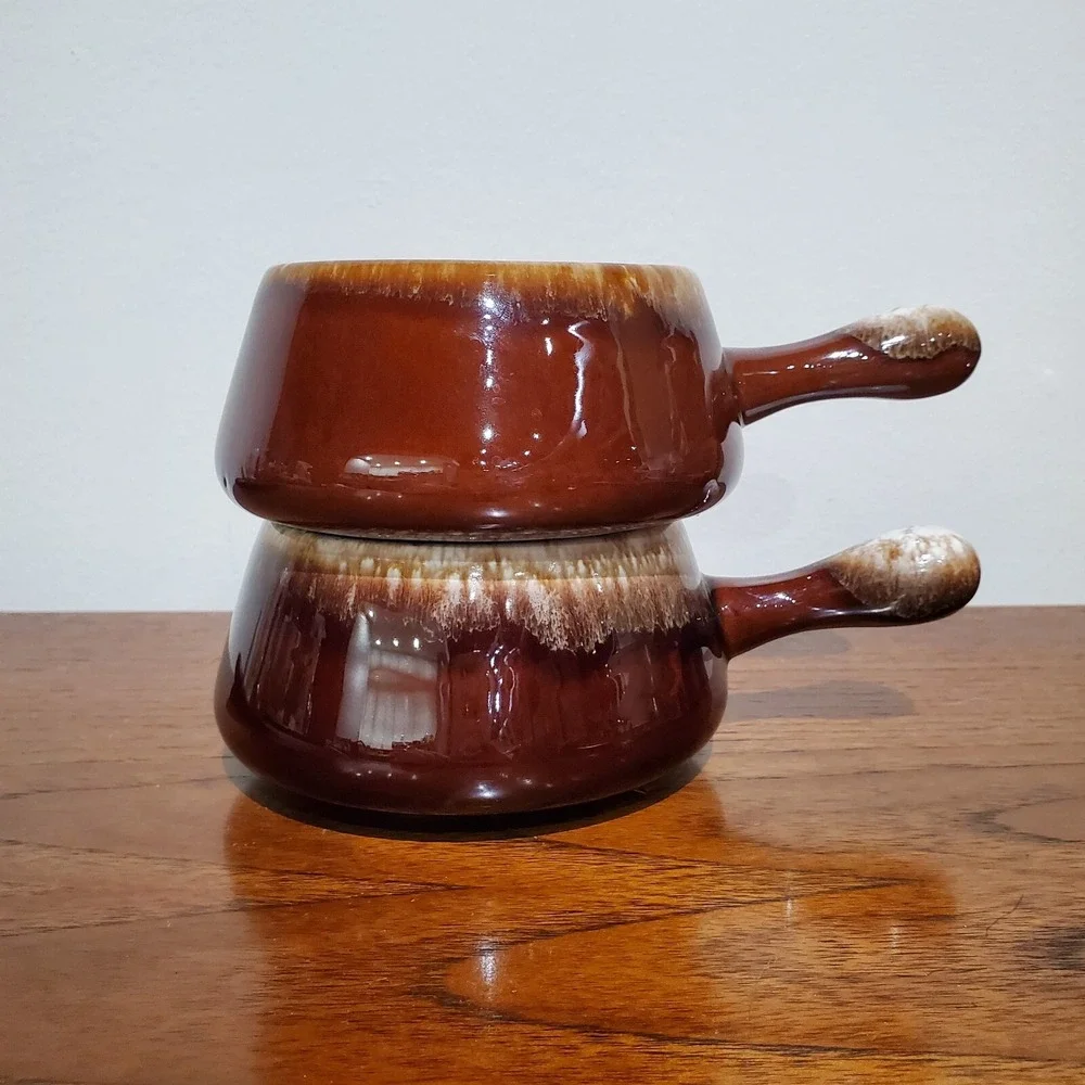 2 McCoy 7054 brown drip handled Onion/Chili/Soup Bowls‎ -Glaze Drip Pottery